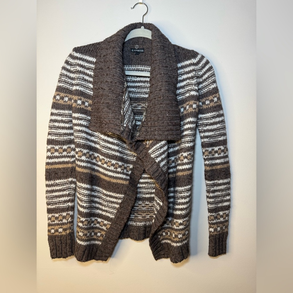 Express Chunky Knit Shawl Collar Cardigan Sweater – Brown/Beige – Size S